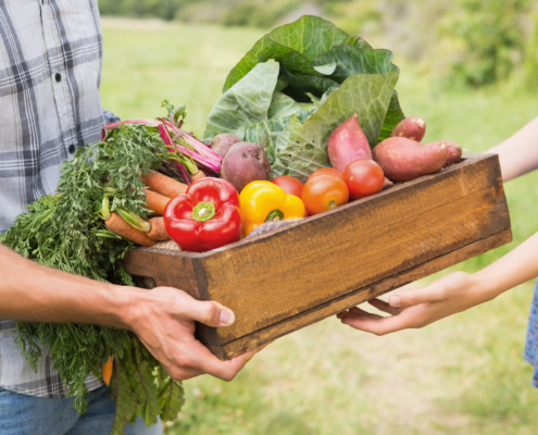 Farmer giving box of veg to customer on a sunny day