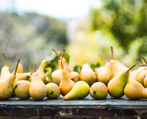 Autumn pears on wood